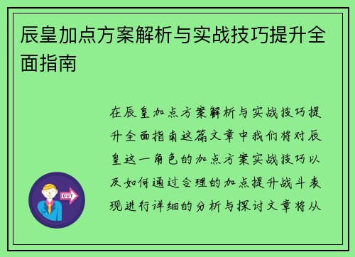 辰皇加点方案解析与实战技巧提升全面指南
