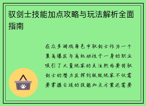 驭剑士技能加点攻略与玩法解析全面指南